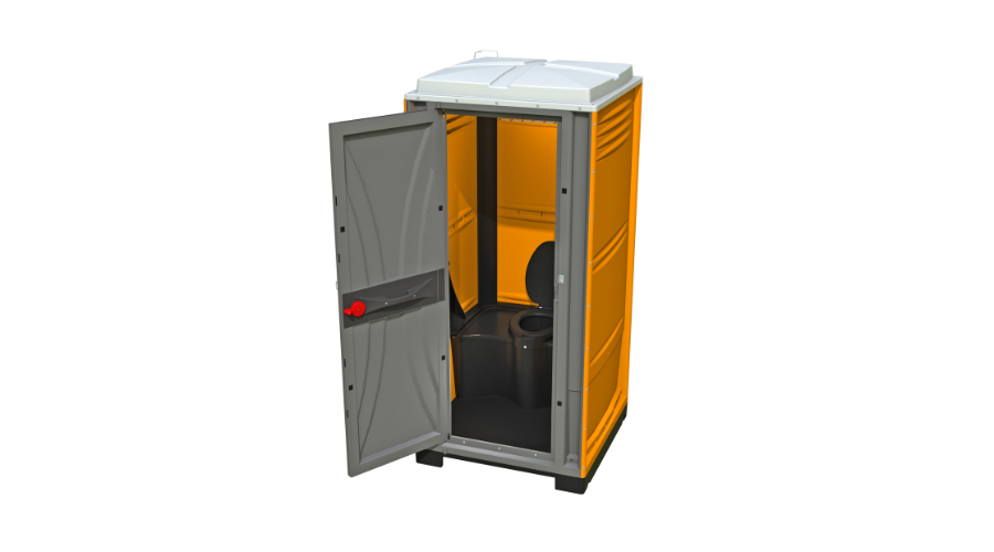 Mobiel toilet met geopende deur en zicht op de toiletzitting en binnenruimte