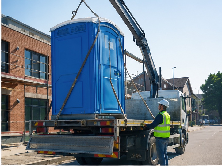 Mobiel toilet wordt met een vrachtwagen geleverd