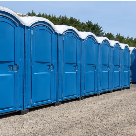 Rij mobiele toiletten op een evenemententerrein