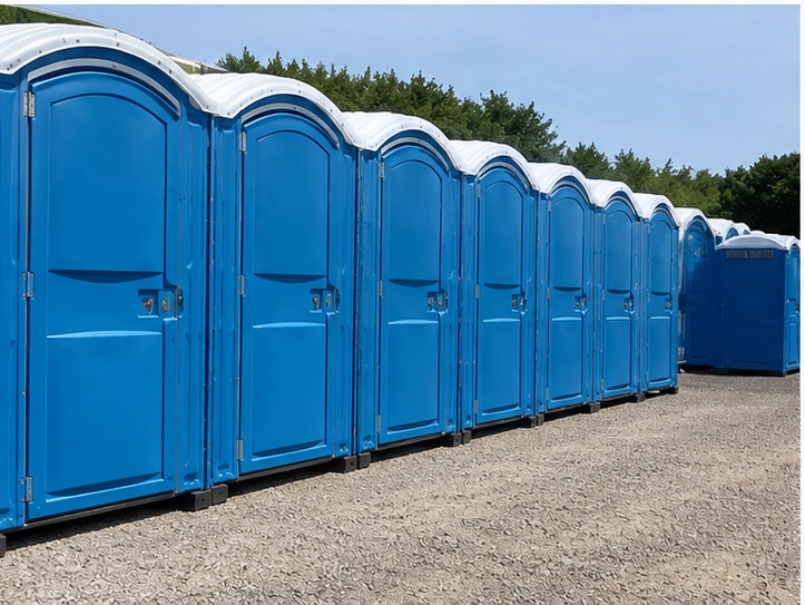 Lange rij mobiele toiletten voor een groot evenement