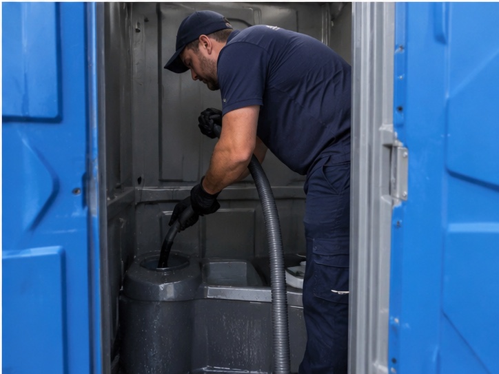 Onderhoudsmedewerker reinigt een mobiel toilet