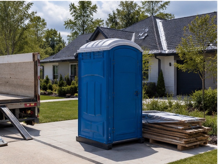 Mobiel toilet geplaatst bij een woning tijdens werkzaamheden