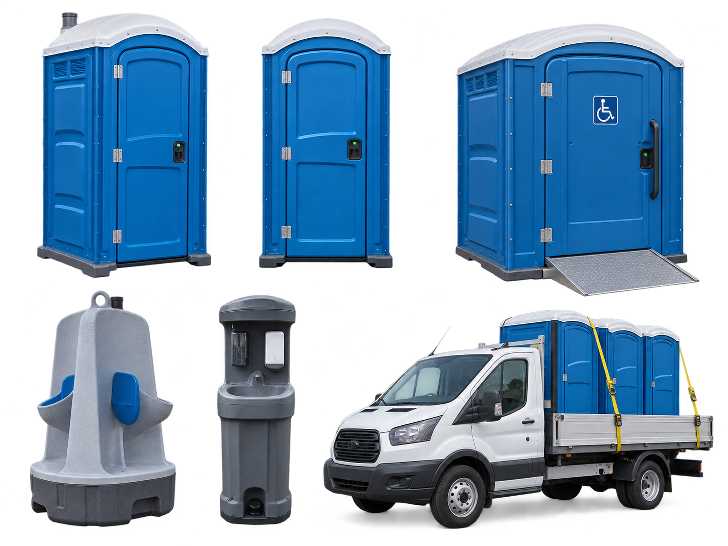 Overzicht van mobiele toiletten, handwasunit, plaskruis en transport